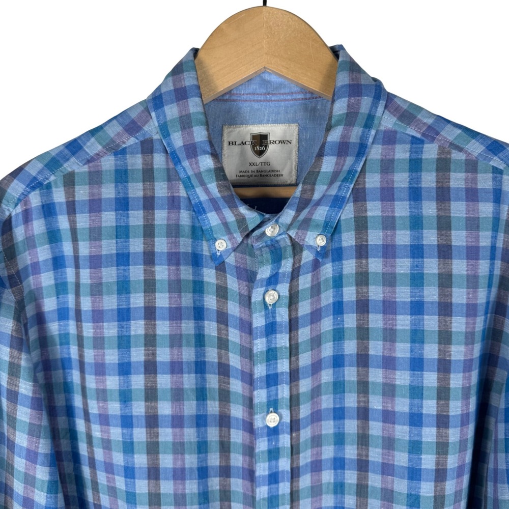 Black Brown 1826 Mens XXL Blue‎ Purple Plaid 100% Linen Long Sleeve Button Shirt